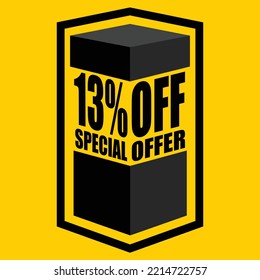 Vector illustration of black open box with lettering saying "13% off special offer", design for 13% discount, with yellow background.