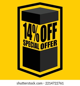 Vector illustration of black open box with lettering saying "14% off special offer", design for 14% discount, with yellow background.