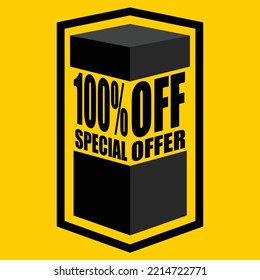 Vector illustration of black open box with lettering saying "100% off special offer", design for 100% discount, with yellow background.