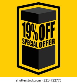 Vector illustration of black open box with lettering saying "19% off special offer", design for 19% discount, with yellow background.