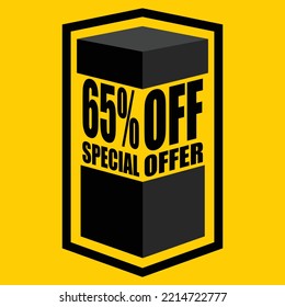 Vector illustration of black open box with lettering saying "65% off special offer", design for 65% discount, with yellow background.