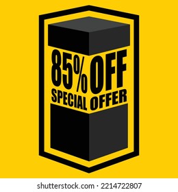 Ilustración vectorial de caja abierta negra con letras que dicen "85% de oferta especial", diseño para 85% de descuento, con fondo amarillo.