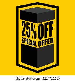 Vector illustration of black open box with lettering saying "25% off special offer", design for 25% discount, with yellow background.