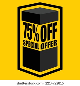 Ilustración vectorial de caja abierta negra con letras que dicen "75% de oferta especial", diseño para 75% de descuento, con fondo amarillo.