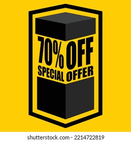 Vector illustration of black open box with lettering saying "70% off special offer", design for 70% discount, with yellow background.