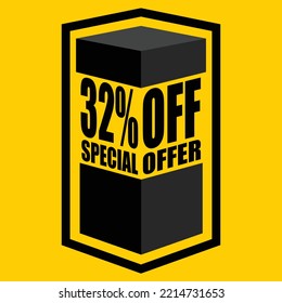 Vector illustration of black open box with lettering saying "32% off special offer", design for 32% discount, with yellow background.