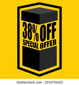 Vector illustration of black open box with lettering saying "38% off special offer", design for 38% discount, with yellow background.