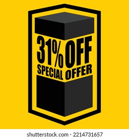 Ilustración vectorial de caja abierta negra con letras que dicen "31% de oferta especial", diseño para un 31% de descuento, con fondo amarillo.