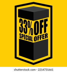 Ilustración vectorial de caja abierta negra con letras que dicen "33% de oferta especial", diseño para 33% de descuento, con fondo amarillo.