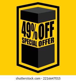 Ilustración vectorial de caja abierta negra con letras que dicen "49% de oferta especial", diseño para 49% de descuento, con fondo amarillo.