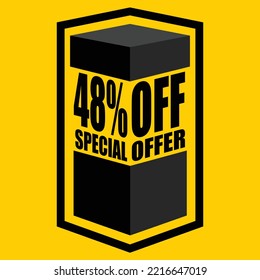 Ilustración vectorial de caja abierta negra con letras que dicen "48% de oferta especial", diseño para 48% de descuento, con fondo amarillo.