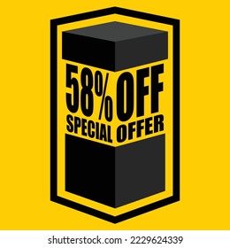 Ilustración vectorial de caja abierta negra con letras que dicen "58% de oferta especial", diseño para 58% de descuento, con fondo amarillo.