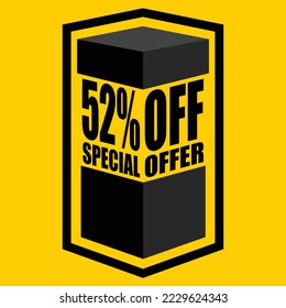 Ilustración vectorial de caja abierta negra con letras que dicen "52% de oferta especial", diseño para 52% de descuento, con fondo amarillo.