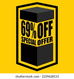 Ilustración vectorial de caja abierta negra con letras que dicen "69% de oferta especial", diseño para 69% de descuento, con fondo amarillo.