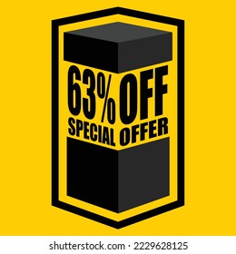 Vector illustration of black open box with lettering saying "63% off special offer", design for 63% discount, with yellow background.
