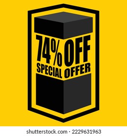 Ilustración vectorial de caja abierta negra con letras que dicen "74% de oferta especial", diseño para 74% de descuento, con fondo amarillo.