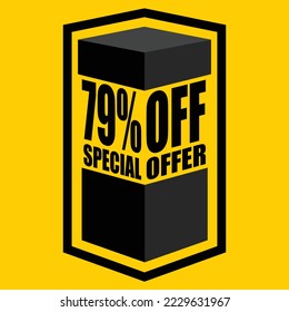 Vector illustration of black open box with lettering saying "79% off special offer", design for 79% discount, with yellow background.