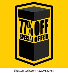 Vector illustration of black open box with lettering saying "77% off special offer", design for 77% discount, with yellow background.