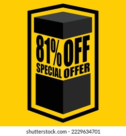 Ilustración vectorial de caja abierta negra con letras que dicen "81% de oferta especial", diseño para 81% de descuento, con fondo amarillo.