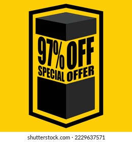 Ilustración vectorial de caja abierta negra con letras que dicen "97% de oferta especial", diseño para 97% de descuento, con fondo amarillo.