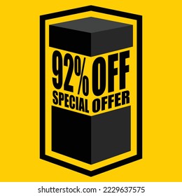 Ilustración vectorial de caja abierta negra con letras que dicen "92% de oferta especial", diseño para 92% de descuento, con fondo amarillo.