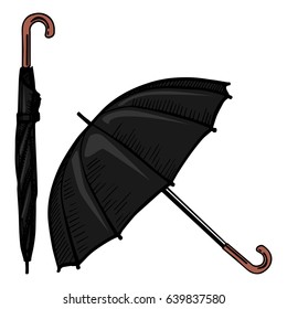 Vector illustration of black open and closed umbrella.