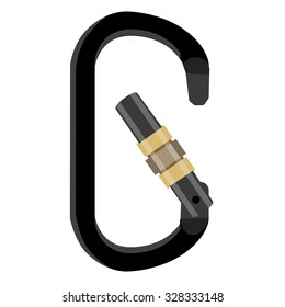 Vector illustration black opened carabiner icon. Hiking equipment