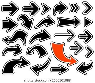 Vector illustration of black and orange arrows in various directions, featuring bold white outlines and different styles.