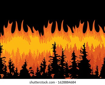 Vector illustration in black and orange colors with flaming forest. Black silhouettes of trees on the background of forest fire. Save forest concept