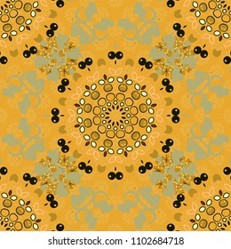 Vector illustration. Vector black, orange and green simple mandala optical illusion, psychedelic trippy abstract seamless pattern texture.