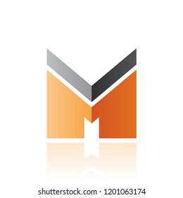 Vector Illustration of Black and Orange Letter M with a Thick Stripe and Reflection isolated on a White Background