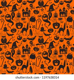 Vector illustration Black orange seamless background abstract pattern halloween pumpkin, ghost, spider, bat, witch hat, cat, broom, cauldron, owl, castle, scull, coffin, bones. Flat silhouette style