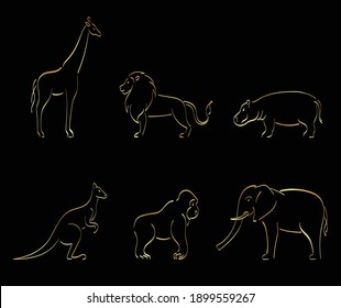 Vector illustration of black outline of African and Australian wild animals. Logo of kangaroo, giraffe, monkey, gorilla, elephant, lion, hippo. Ink calligraphy. Logos with animals.