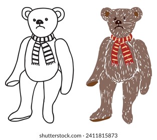 Vector illustration of black outline and colorful silhouette drawing of plush vintage teddy bear toy in red yellow striped scarf isolated on white