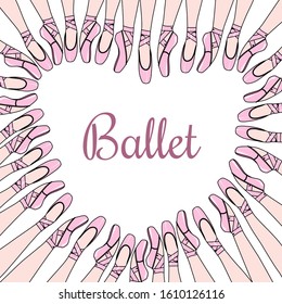 Vector illustration with black outline, details and highlights, heart form frame of the ballet shoes, pink pointe shoes with ribbons for ballet dancing.