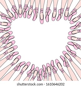 Vector illustration with black outline, details and highlights, heart form frame of the ballet shoes, pink pointe shoes with ribbons for ballet dancing.