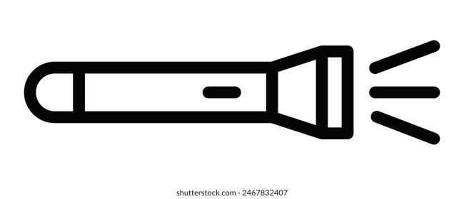 Vector illustration of a black outline flashlight icon, symbolizing light and illumination, on a white background. Editable stroke.