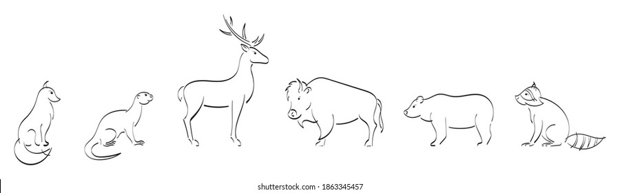 Vector illustration of black outline of forest wild animals. Logo of a fox, otter, deer, bison, bull, buffalo, bear, grizzly, raccoon. Ink calligraphy. Simple image. Black ribbons. Logos with animals.