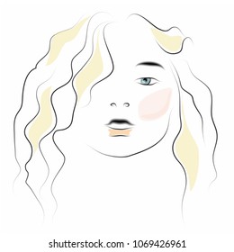 Vector illustration of a black outline of a girl on a white background and several colored spots