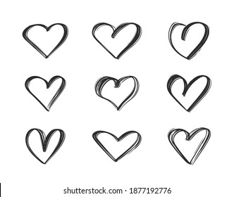 Vector illustration: Black outline Hand drawn set of hearts. 