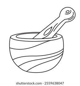 Vector illustration of black outline mortar and pestle, wooden kitchen tool for grinding spices or herbs. Minimal, clean, flat design suitable for culinary, herbal, or traditional themes