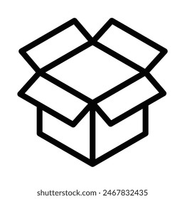 Vector illustration of a black outline open box icon, symbolizing packaging or storage, on a white background. Editable stroke.