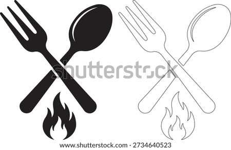 Vector illustration of black and outlined crossed fork and spoon icons with a flame, in a simple style, isolated on a pure white background, great for food and cooking projects