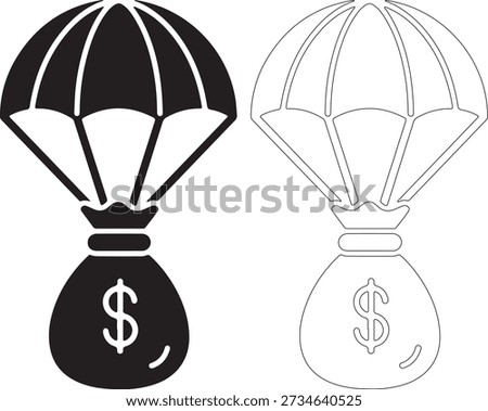 Vector illustration of black and outlined money bag with parachute icons in a simple style, on a pure white background, perfect for finance and business projects