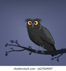 vector illustration of a black owl sitting on a branch