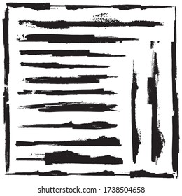 Ilustración vectorial de pintura negra, trazo de pincel de tinta, pincel, línea o textura. Elemento de diseño artístico sucio, cuadro, marco o fondo para texto.
