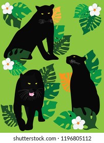 Vector illustration of black pantera on green background with leaves and flowers