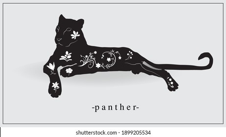 Vector illustration of a black panther with white plants and flowers on the body. EPS 10.