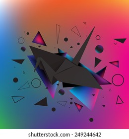Vector Illustration of a black paper origami crane in explosion of different geometric shapes. EPS 10
