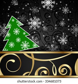 Vector illustration: Black paper-craft horizontal postcard with green christmas tree, gold decoration and snowflakes